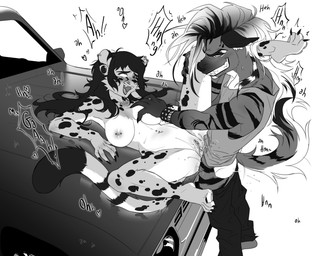 4_toes 5_fingers anthro areola barbell_piercing big_breasts blush bodily_fluids bottomwear bottomwear_down bracelet breast_grab breasts car claws clitoris clitoris_piercing clothed clothing countershading dipstick_ears duo ear_markings ear_piercing eye_roll eyebrow_piercing eyelashes facial_piercing feet female finger_claws fingers flesh_tunnel fur gauged_ear genital_fluids genital_piercing genitals glistening_eyelids gradient_fur hair hand_on_breast heart_symbol holding_leg humanoid_genitalia humanoid_vulva jewelry long_eyelashes long_hair male male/female markings moan motion_lines multicolored_ears multiple_piercings navel navel_piercing nipple_piercing nipples nose_piercing nose_ring on_car one_eye_closed onomatopoeia pants pants_down partially_clothed pawpads penetration penile penile_penetration penis_in_vagina piercing raccoon_tail_hair ring_piercing septum_piercing septum_ring sleeveless_shirt sound_effects spots spotted_arms spotted_body spotted_chest spotted_face spotted_fur spotted_hips spotted_legs spotted_markings spotted_shoulders spotted_tail spotted_thighs striped_markings stripes studded_bracelet studded_jewelry studs submissive submissive_female sweat sweatdrop tail tail_markings text toe_claws toes tuft vaginal vaginal_fluids vaginal_penetration vehicle vulva melanpsycholia canid cheetah felid feline mammal absurd_res black_and_white hi_res monochrome