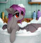 bat_wings bathing bathroom bathtub blush bottle bow_(feature) bow_tie bubble bubble_bath candle container eyebrows eyelashes fangs female feral hair hooves inside looking_away membrane_(anatomy) membranous_wings nude pupils purple_hair red_eyes shampoo slit_pupils soap solo teeth text tile water wet wet_hair wings vird-gi hasbro my_little_pony fan_character bat_pony equid mammal 2018 hi_res portrait url