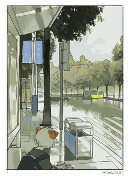 anthro backpack car clothed clothing grey_clothing grey_shirt grey_topwear hair male plant shirt solo topwear tree vehicle white_hair milkybot hu_ku_li_(milkybot) domestic_cat felid feline felis mammal 2023 dated hi_res