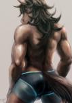 anthro black_hair blue_clothing blue_swimwear brown_body brown_eyes brown_fur butt clothed clothing equid equine fur hair hi_res horse kkerotix looking_aside male mammal muscular muscular_anthro muscular_male rear_view simple_background solo swimwear tight_clothing topless