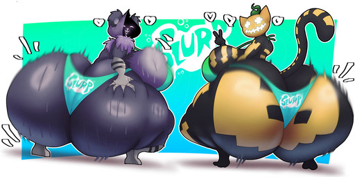 anthro big_breasts big_butt bikini breasts butt clothing crouching duo female food for_a_head fruit hand_on_butt huge_breasts huge_butt looking_at_viewer looking_back multicolored_body plant pumpkin pumpkin_head purple_body swimwear two-piece_swimsuit two_tone_body crowundeadcat epic_games fortnite raven_team_leader spice_(fortnite) bear domestic_cat felid feline felis mammal object_head hi_res