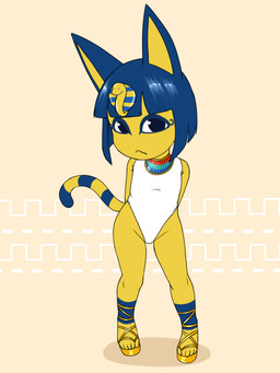 anthro clothing egyptian female flat_chested footwear frown hands_behind_back leotard loli looking_at_viewer one-piece_swimsuit pattern_background sandals shoes simple_background solo swimwear young young_anthro young_female vermelhatan animal_crossing nintendo ankha_(animal_crossing) domestic_cat felid feline felis mammal 3:4 absurd_res hi_res adult_(lore)
