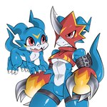 anthro armor athletic athletic_anthro athletic_male belt blue_body clothing crop_top duo headgear helmet male midriff red_eyes shirt slim topwear monodie bandai_namco digimon digimon_(species) flamedramon scalie veemon 1:1 hi_res