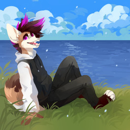 anthro black_bottomwear black_clothing black_hoodie black_pants black_topwear blue_sky bottomwear brown_body brown_fur brown_hair clothed clothing cloud fangs fur glistening glistening_eyes grass hair happy hoodie leaning leaning_backward looking_at_viewer male open_mouth open_smile outside pants pink_eyes pink_hair pink_tongue plant pupils purple_pupils seaside side_view sitting sky smile solo teeth tongue topwear unsigned white_body white_fur corzh77 canid canine mammal 1:1 absurd_res full-length_portrait hi_res portrait