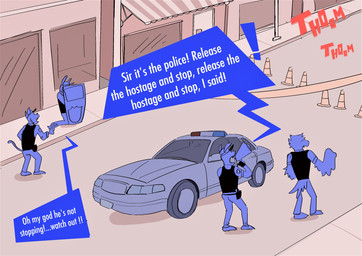 anthro barricade_tape car city city_street civilian clothed clothed_anthro clothed_male clothing dialogue electronics fully_clothed fully_clothed_anthro fully_clothed_male group gun male megaphone police police_car police_cruiser police_hat police_tape police_uniform police_vehicle ranged_weapon riot_shield speech_box street_lamp text traffic_cone uniform vehicle walkie-talkie weapon dudenahuel avian bird canid canine canis domestic_cat domestic_dog felid feline felis mammal 2023 absurd_res colored_sketch english_text hi_res sketch