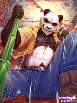 5_fingers abs anthro bamboo black_body black_fur black_nose bottomwear cigarette clothed clothing denim denim_bottomwear denim_clothing detailed_background facial_scar fingers fur holding_cigarette holding_object humanoid_hands jeans male multicolored_body multicolored_fur muscular muscular_anthro muscular_male open_clothing open_shirt open_topwear pants raining scar shirt smoking solo topwear two_tone_body two_tone_fur white_body white_fur snartles beastars gouhin_(beastars) bear giant_panda mammal 2020 3:4 hi_res signature