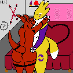 anthro bdsm_gear bed big_butt butt dildo duo female furniture happy heart_symbol hug male male/female rubbing_butt sex_toy tail tail_motion tailwag whip hkworks 1:1 animated digital_media_(artwork) hi_res pixel_(artwork)