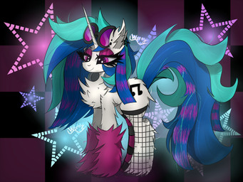 abstract_background alternative_fashion blue_hair blue_mane clothed clothing cutie_mark ear_piercing electronics eyebrow_piercing eyebrows eyelashes eyelashes_through_hair eyeshadow eyewear eyewear_on_head facial_piercing female feral fishnet_clothing fur glasses glasses_on_head glowing glowing_eyes hair headphones horn inner_ear_fluff leg_warmers legwear makeup mane multicolored_hair multicolored_mane neck_tuft piercing pink_eyes pink_eyeshadow scene_(fashion) simple_background smile solo solo_focus start stockings tail text thick_eyelashes translucent translucent_hair tuft warmers white_body white_fur y2k y2k_(fashion) y2k_(graphic_design) worny friendship_is_magic hasbro my_little_pony mythology equid equine horse mammal mythological_creature mythological_equine pony unicorn 2026 4:3 artist_name colored digital_drawing_(artwork) digital_media_(artwork) english_text hi_res shaded signature