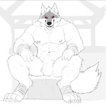 anthro looking_at_viewer male muscular nipples red_eyes smile solo tuft riseson dreamworks puss_in_boots_(franchise) death_(puss_in_boots) canid canine canis mammal wolf