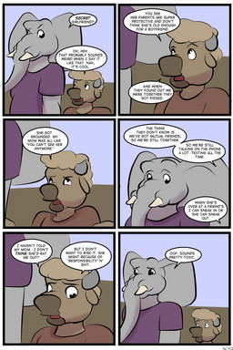 anthro blonde_hair brown_body brown_fur clothed clothed_anthro clothed_male clothing dialogue duo fur grey_body grey_skin hair horn male open_mouth proboscis_(anatomy) text trunk_(anatomy) tusks young young_anthro young_male thunderouserections study_partners ragdoll_(study_partners) will_(study_partners) bison bovid bovine elephant elephantid mammal proboscidean 2:3 comic english_text hi_res