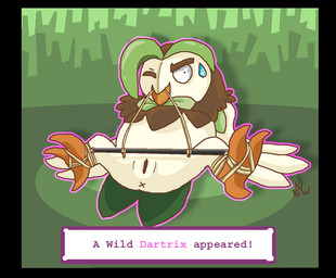 3_toes anus back_toe bdsm black_border bodily_fluids bondage border bound detailed_background feet female feral genitals green_background one_eye_closed restraints simple_background solo spreader_bar sweat sweatdrop text toes vulva elktherian nintendo pokemon avian bird dartrix generation_7_pokemon pokemon_(species) 2016 aliasing digital_media_(artwork) english_text