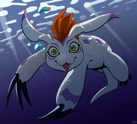 ambiguous_gender black_claws blue_background bubble claws day detailed_background feral green_eyes hair long_claws looking_at_viewer markings open_mouth orange_hair purple_markings simple_background solo swimming tail teeth underwater water white_body white_skin white_tail fizzpop bandai_namco digimon digimon_(species) gomamon 2025 hi_res