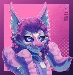 ambiguous_gender anthro blue_collar blue_eyes braided_hair clothing collar complex_markings devious_grin fluffy fluffy_ears hair long_ears long_tail multicolored_body overalls pink_background pupils simple_background slit_pupils smile solo tail mintychipart final_fantasy final_fantasy_xiv square_enix felid feline lynx mammal 2026 digital_drawing_(artwork) digital_media_(artwork) halftone hi_res icon krita_(artwork) shaded