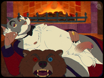 anthro ball_tuft balls bodily_fluids bow_tie button_(fastener) button_eyes chest_tuft clothed clothing elderly elderly_anthro elderly_male erection eyewear facial_hair fire fireplace genital_fluids genitals humanoid_genitalia humanoid_penis inside looking_at_viewer lying male male_anthro monocle mustache nipples on_back overweight overweight_anthro overweight_male partially_clothed partially_clothed_anthro partially_clothed_male penis precum precum_string presenting presenting_balls presenting_penis ring robe robe_only sideburns solo taxidermy teeth tongue tuft wood guerillasquirrel bear mammal rodent sciurid tree_squirrel 2025 4:3