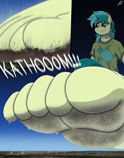 anthro barefoot bodily_fluids city_crushing crushed_micros dirty dirty_feet feet foot_crush foot_fetish foot_focus giga landscape_dwarfing macro male plantigrade size_difference soles solo stomping sweat sweaty_feet text toes az12lol friendship_is_magic hasbro my_little_pony sandbar_(mlp) earth_pony equid equine horse mammal pony absurd_res digital_media_(artwork) english_text hi_res