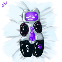 anthro balls femboy genitals logo logo_on_body lying machine male mascot messenger on_back owo penis purple_penis screen screen_face simple_background solo text thick_thighs white_eyes atlant_62_1 sferum chatty_(max) domestic_cat felid feline felis living_machine mammal robot 1:1 absurd_res english_text hi_res