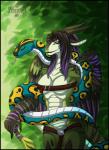 anthro belt belt_bra belted_breasts black_border border breasts duo feathered_wings feathers female hair tail wings silvergrin mythology dragon mythological_creature mythological_scalie python reptile scalie snake absurd_res hi_res