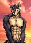 abs anthro fur looking_at_viewer male muscular muscular_anthro muscular_male nipples nude pubes red_eyes sky smile solo standing bleakcat canid canine canis mammal wolf 2015 digital_media_(artwork) half-length_portrait portrait