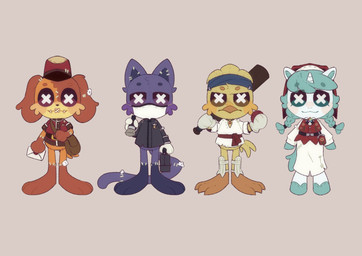 3_toes 4_fingers anthro barefoot beak brown_body brown_fur countershading feathers feet female fingers fur gloves_(marking) group holding_baseball_bat holding_object horn leg_markings male markings mask orange_beak orange_body orange_feathers plantigrade purple_body purple_fur simple_background socks_(marking) tan_background toes wearing_hat wearing_mask white_body x_eyes lim_limonn mob_entertainment mythology poppy_playtime smiling_critters catnap_(poppy_playtime) craftycorn dogday_(poppy_playtime) kickinchicken avian bird canid canine canis chicken domestic_cat domestic_dog equid equine felid feline felis galliform gallus_(genus) mammal mythological_creature mythological_equine phasianid unicorn 2024 colored hi_res