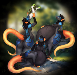 anthro belly big_belly big_butt black_hair blue_claws butt claws duo hair long_tail male male/male orange_tail tail vore yellow_eyes cmitchell caelum_(tariqcantor) canid canine canis mammal murid murine rat rodent wolf absurd_res hi_res