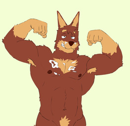 anthro armpit_hair bodily_fluids body_hair brown_body brown_fur cum cum_on_chest cum_on_face flexing flexing_bicep flexing_both_biceps fur genital_fluids looking_at_viewer male male_anthro muscular muscular_anthro muscular_male nipples nude nude_anthro nude_male pecs pubes simple_background smile solo standing tan_body tan_fur teeth devaney bluey_(series) rusty's_dad_(bluey) australian_kelpie canid canine canis domestic_dog herding_dog mammal pastoral_dog sheepdog 2025 hi_res