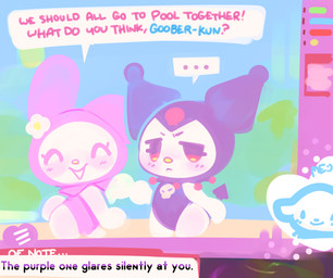 :< ambiguous_anthro ambiguous_gender anthro biped blue_text blush chibi clothed clothed_ambiguous clothed_anthro clothing dialogue_box duo exclamation_point eyelashes eyes_closed featureless_hands frown leotard looking_at_viewer open_mouth open_smile pink_clothing pink_hood pink_leotard pink_text purple_clothing purple_hood purple_leotard question_mark short_tail skull_symbol smile spade_tail speech_bubble standing tail talking_to_viewer text white_body white_speech_bubble ligma_(artist) onegai_my_melody sanrio kuromi my_melody demon lagomorph leporid mammal rabbit 2025 archived_source digital_media_(artwork) handwritten_text hi_res female_(lore)