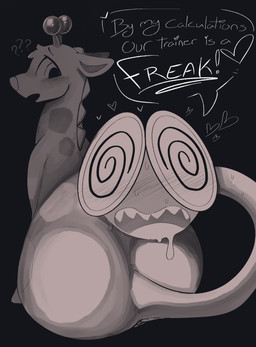 ambiguous_gender antennae_(anatomy) big_eyes black_background blush blush_lines bodily_fluids butt dialogue drooling duo eyebrows feral heart_symbol looking_at_another looking_at_viewer markings open_mouth question_mark rear_view saliva sharp_teeth simple_background solo speech_bubble spines spiral spiral_eyes spots spotted_markings sweat tail talking_to_viewer teeth text llametsul nintendo pokemon generation_2_pokemon girafarig giraffe giraffid mammal pokemon_(species) 2026 hi_res