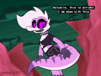 alternative_fashion anthro big_tail bottomwear clothing cloud collar crop_top cross detailed_background female gloves_(marking) glowing glowing_eyes goth hair holding_tail inverted_cross leg_markings low-angle_view markings mountain open_mouth outside pink_body plant purple_eyes purple_stripes shirt shorts socks_(marking) solo speech_bubble spiked_collar spikes stripes tail teeth text toony topwear tree creature_sp spade_(creature_sp) gecko lizard reptile scalie 4:3 english_text hi_res trans_(lore) trans_woman_(lore)