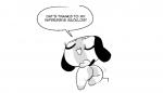 anthro big_butt butt dialogue eyes_closed female open_mouth simple_background smile solo speech_bubble text white_background gats nintendo nintendo_switch switch_dog animate_inanimate canid mammal english_text monochrome