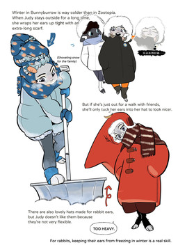 anthro black_body black_fur black_hair clothed clothing feet female fur furgonomic_headwear furgonomics grey_body grey_fur group hair jacket oversized_clothing scarf shovel shoveling snow text toes tools topwear winter butterfish8199 disney zootopia judy_hopps sharla_(zootopia) european_rabbit lagomorph leporid mammal oryctolagus rabbit chinese_text english_text hi_res translated
