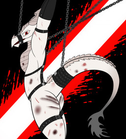 anthro armwear bdsm belt belt_buckle bondage bondage_gear bound buckle chain clothing horn looking_at_viewer male red_eyes restrained solo whip_mark wounded rorrek mythology dragon mythological_creature mythological_scalie reptile scalie wingless_dragon hi_res