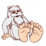 anthro barefoot biped feet foot_focus front_view looking_at_viewer male plantigrade reclining simple_background sitting solo white_background seamaster bandai_namco digimon digimon_(species) mammal mojyamon yeti 1:1