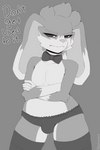 anthro big_ears bow_tie bulge clothed clothing crossed_arms femboy frilly frilly_clothing frilly_panties frilly_underwear legwear lingerie male panties pouty solo thick_thighs thigh_highs topless topless_male underwear paramour_(artist) lagomorph leporid mammal rabbit greyscale hi_res monochrome