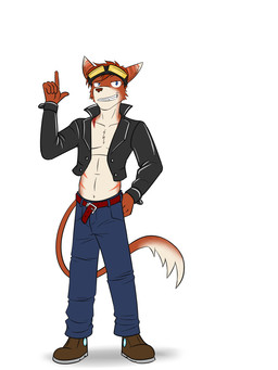 anthro belt belt_buckle blue_bottomwear blue_clothing blue_eyes blue_jeans blue_pants boots bottomwear brown_belt brown_boots brown_clothing brown_footwear brown_nose buckle clothed clothing confident denim denim_bottomwear denim_clothing eyewear footwear fur gesture grey_soles hair hand_gesture jacket jeans male male_anthro navel open_clothing open_jacket open_topwear orange_body orange_fur pants pointing pointing_up red_hair shirtless shirtless_anthro shirtless_male shoes simple_background smile solo sunglasses tan_body tan_fur topwear white_background fuze ratchet_and_clank sony_corporation sony_interactive_entertainment lombax mammal 3:4 hi_res