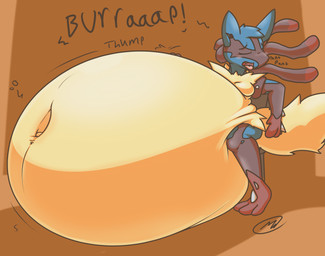 anthro belly big_belly burping huge_belly inside male obese overweight solo text axlwisp nintendo pokemon jake_(axlwisp) generation_6_pokemon mega_evolution mega_lucario pokemon_(species) 2014 hi_res