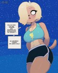 anthro blonde_hair breasts brown_body brown_fur cleavage clothed clothing cosmic_background dialogue female fur hair hair_over_eye horn midriff night one_eye_obstructed short_tail simple_background solo starry_background tail text thick_thighs jxzuke adventure_time cartoon_network bronwyn_(adventure_time) bear canid canine canis domestic_dog hybrid mammal rainicorn absurd_res hi_res sketch spanish_text translated