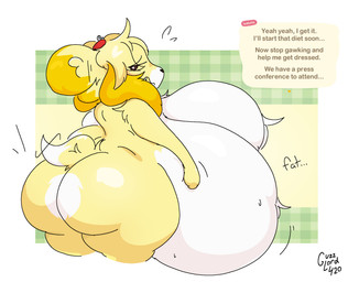 anthro belly big_belly big_breasts bloated breasts bump butt dialogue expansion female huge_belly huge_breasts inflation looking_at_viewer looking_back overweight paws rear_view solo stuffing text guzzlord420 animal_crossing nintendo isabelle_(animal_crossing) canid canine canis domestic_dog mammal english_text hi_res