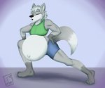 anthro belly big_belly bodily_fluids bottomwear bra breath clothed clothing crossdressing exercise fur male navel panting pregnant pregnant_anthro pregnant_male shorts sigh solo sports_bra stretching sweat underwear white_body white_fur workout randomgirl1265 suibelly ian_the_wolf canid canine canis mammal wolf