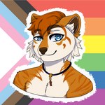 anthro biped blue_eyes brown_nose cheek_tuft facial_tuft fur hair inner_ear_fluff jewelry lgbt_pride male necklace nude orange_body orange_fur orange_hair pride_color_background pride_colors progress_pride_colors progressive_pride_flag rainbow_pride_colors rainbow_symbol simple_background solo stripes tuft white_body white_fur mistystar felid mammal pantherine tiger 1:1 bust_portrait digital_media_(artwork) hi_res portrait