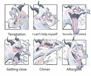 afterglow bodily_fluids chart clenched_teeth cum cumshot dialogue drooling ejaculation feral genital_fluids horn imminent_orgasm intense_orgasm looking_pleasured male offscreen_character orgasm orgasm_face saliva teeth text white_body strathven mythology finch_(strathven) dragon mythological_creature mythological_scalie scalie english_text hi_res