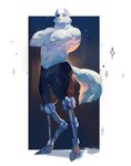 anthro biped bulge clothed clothing crossed_arms digitigrade eyes_closed fluffy fluffy_tail fur male male_anthro mechanical_leg muscular muscular_anthro muscular_male prosthetic prosthetic_leg prosthetic_limb shorts_only simple_background solo sparkles standing star stubble tail topless topless_anthro topless_male white_background white_body white_fur white_tail timebombdog canid mammal digital_media_(artwork) hi_res signature