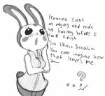 animal_crossing anthro beady_eyes blush breasts bunnie_(animal_crossing) english_text flaccid genitals gynomorph intersex lagomorph leporid mammal monochrome nintendo penis rabbit roy_mccloud simple_background solo text white_background