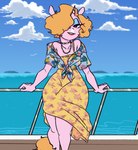 anthro blonde_hair clothing cloud dress eyelashes fur hair horn jewelry makeup male necklace pink_body pink_fur sea ship slim smile solo standing vehicle water watercraft wide_hips sheep4sleep1915_(artist) equid equine horse mammal pony hi_res