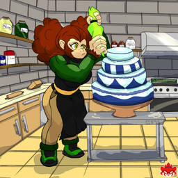 afro_puffs anthro appliance apron baker big_hands black_apron black_clothing blue_cake brick brick_wall brown_body brown_fur brown_hair cabinet cake clothing dessert digital_display female floor focused food fur furniture green_clothing green_eyes green_shirt green_topwear hair holding_object kitchen kitchen_utensils logo rolling_pin shelf shirt stove table tile tile_floor tools topwear wall_(structure) sinisterslyfox ape gorilla haplorhine mammal primate 1:1 cel_shading digital_drawing_(artwork) digital_media_(artwork) hi_res shaded sketch