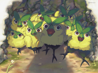 ambiguous_gender beak brown_eyes feathered_wings feathers feral flower grass green_body green_feathers group looking_at_viewer moss open_beak open_mouth plant tongue wings remonasour nintendo pokemon pokemon_winds_and_waves avian bird browt generation_10_pokemon pokemon_(species) 2026 4:3 hi_res signature
