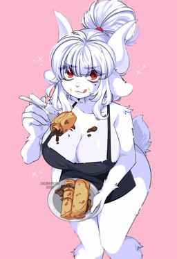 5_fingers alternate_species anthro apron big_breasts breasts cleavage clothed clothing cutlery female fingers food fork furrification hair holding_food holding_object horizontal_pupils horn kitchen_utensils looking_at_viewer pink_background pupils simple_background solo tongue tongue_out tools white_hair ashiji helltaker goat_lucifer_(helltaker) bovid caprine goat mammal 2020 hi_res