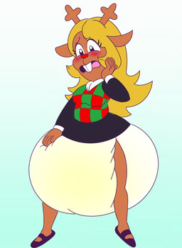 anthro antlers big_diaper black_bottomwear black_clothing black_skirt blush bodily_fluids bottomwear brown_body brown_fur buckteeth clothing diaper embarrassed female fur genital_fluids horn huge_diaper skirt solo teeth unclean_diaper urine used_diaper wet_diaper sippysips deltarune undertale_(series) noelle_holiday deer mammal new_world_deer reindeer hi_res
