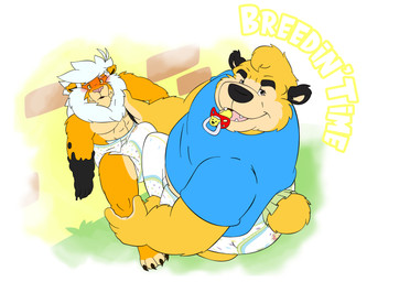 against_surface against_wall anthro blush diaper diaper_humping duo little_kings_(diaper) male male/male object_in_mouth pacifier pacifier_in_mouth leoniro_the_inklion abuniverse little_kings bear inklion mammal absurd_res hi_res