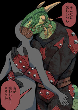 anthro armor bodypaint clothing dialogue duo face_paint facial_scar green_body green_scales horn hug leather leather_armor male scales scar simple_background text uniform yellow_eyes gunka bethesda_game_studios microsoft skyrim the_elder_scrolls anon the_dark_brotherhood_(the_elder_scrolls) veezara argonian scalie 2022 hi_res japanese_text translation_request