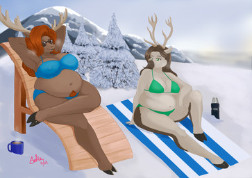 anthro antlers beach_chair beach_towel belly big_belly big_breasts bikini blue_clothing body_hair breasts brown_body brown_fur brown_hair clothing coniferous_tree container cup duo eyewear female fur green_clothing green_eyes hair happy_trail horn long_hair mountain mug multicolored_body multicolored_fur navel navel_piercing nipple_outline overweight overweight_anthro overweight_female piercing plant pubes red_hair snow sunglasses swimwear tan_body tan_fur thermos thick_thighs towel tree two-piece_swimsuit wide_hips maikeru valentina_(panzerschreckleopard) victoria_(panzerschreckleopard) deer mammal moose new_world_deer reindeer 2024 absurd_res colored hi_res huge_filesize